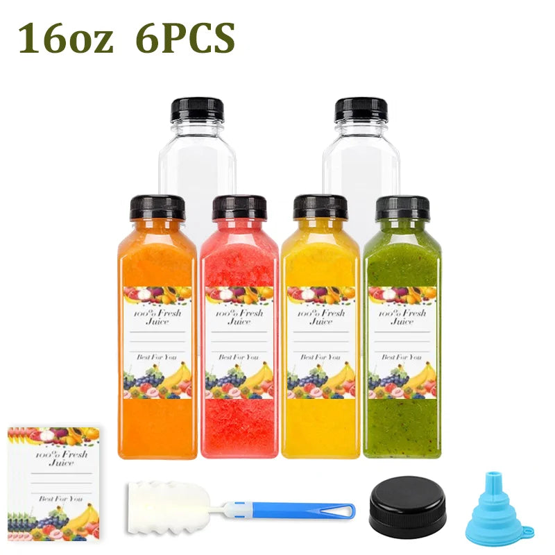 12/16oz Plastic Juice Bottles with Caps 6-50PCS Reusable Juicing Containers With Lids for Smoothie,Dringking or Other Beverages
