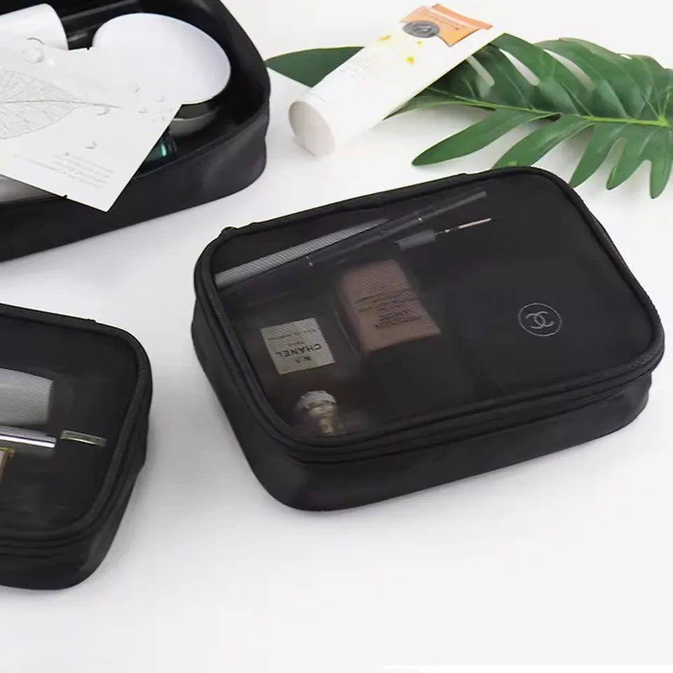 Travel Black Mesh Cosmetic Bag Zipper Makeup Bag For Women Wash Toiletry Bag Makeup Organizer Portable Storage Pouch