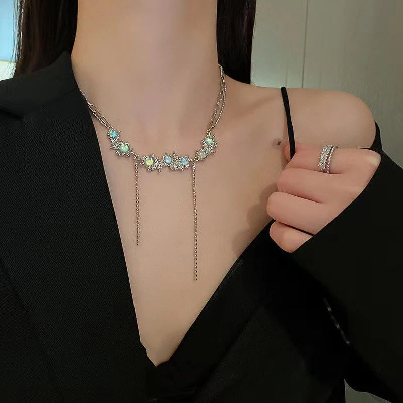 JWER Trendy Bling Moonstone Star Cross Pendant Necklace for Women Punk Hip Hop Star Chain CrystalNecklace Party Y2K Jewelry Gift