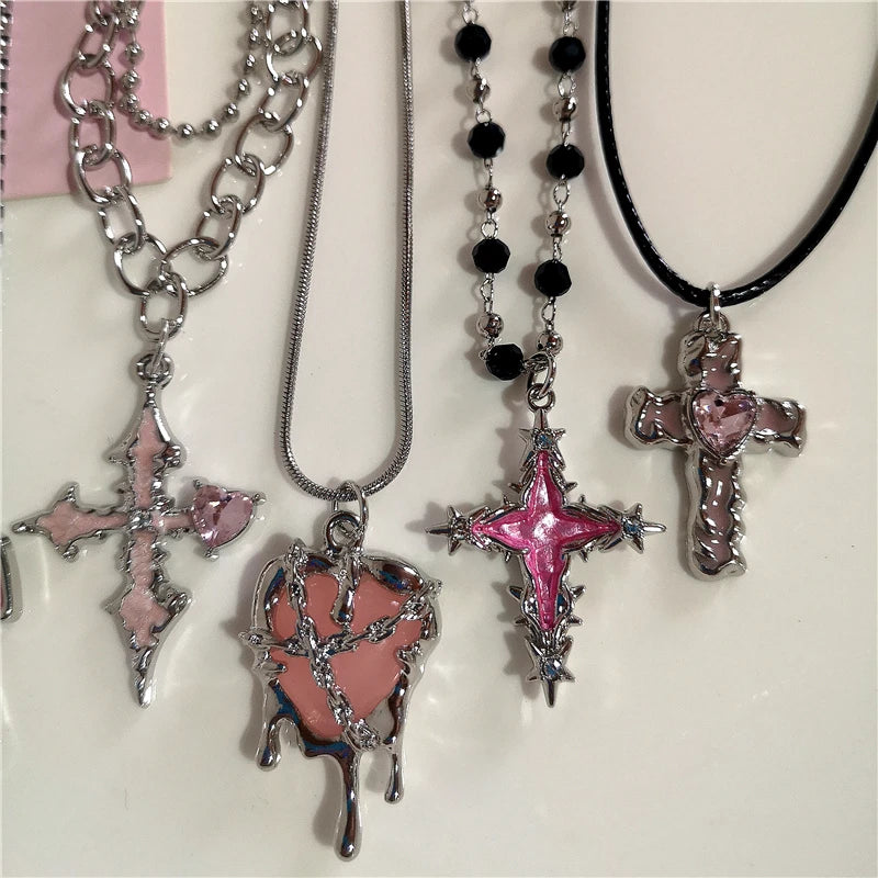Gothic Y2K Pink Cross Heart Pendant Chain Choker Necklace For Women Egirl Hip Hop Punk Charms Aesthetic Jewelry EMO Accessories