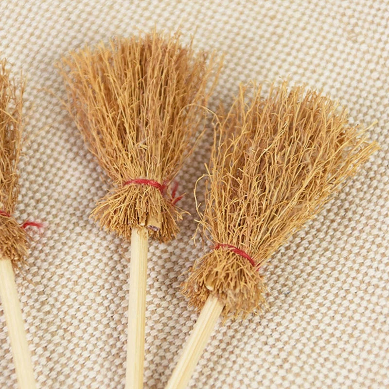 10PCS Mini Broom Witch Straw Brooms DIY Hanging Ornaments for Halloween Party Decoration Costume Props Dollhouse Accessories