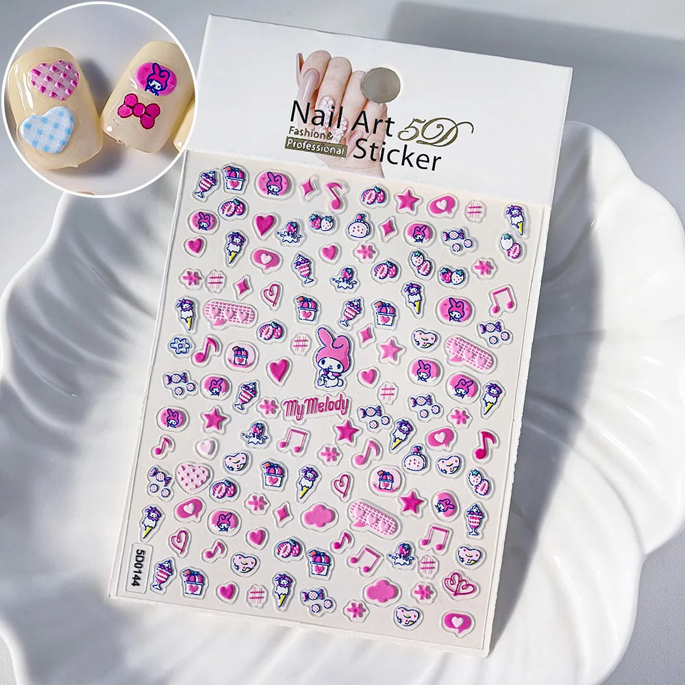 5D Sanrio Hawaii Hello Kitty/Mymelody Nail Stickers 1Pcs Kawaii Cartoon Kitty Nail Stickers DIY Holiday Girl Manicure Slider