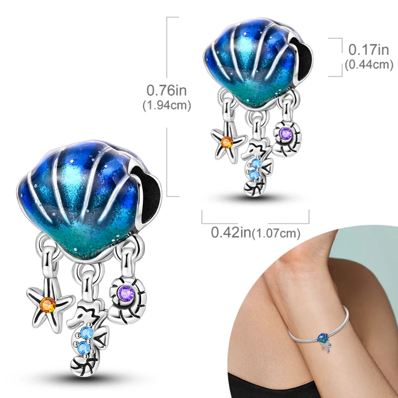New Silver Plated Charms Beads Turtle Starfish Shell Sea Blue Summer Beads Fit Original Charms DIY Woman Jewelry Gift