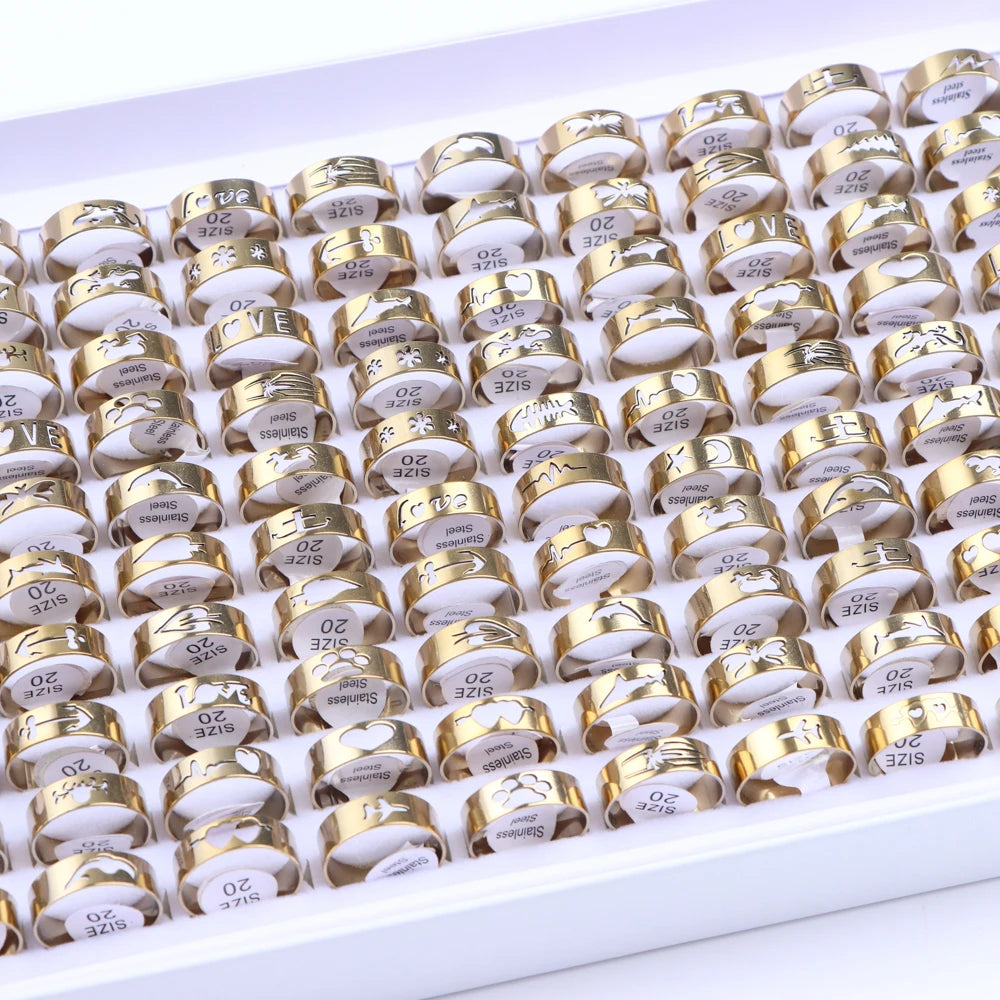 10/20/30/50Pcs Classic Fashion Stripe Hollow Colorful Sticker Stainless Steel Ring Trend Women Jewelry Party Decoration Gift