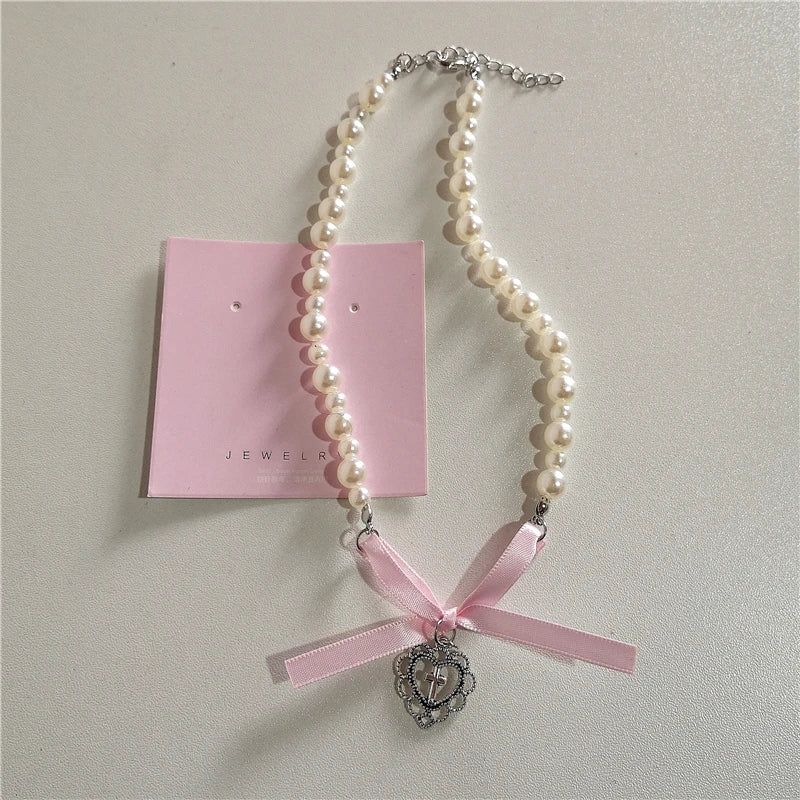 Kpop Goth Y2K Cute Pink Ribbon Bowknot Heart Pendant Pearl Beads Choker Necklace Girl Charm EMO 2000s Lolita Jewelry Accessories