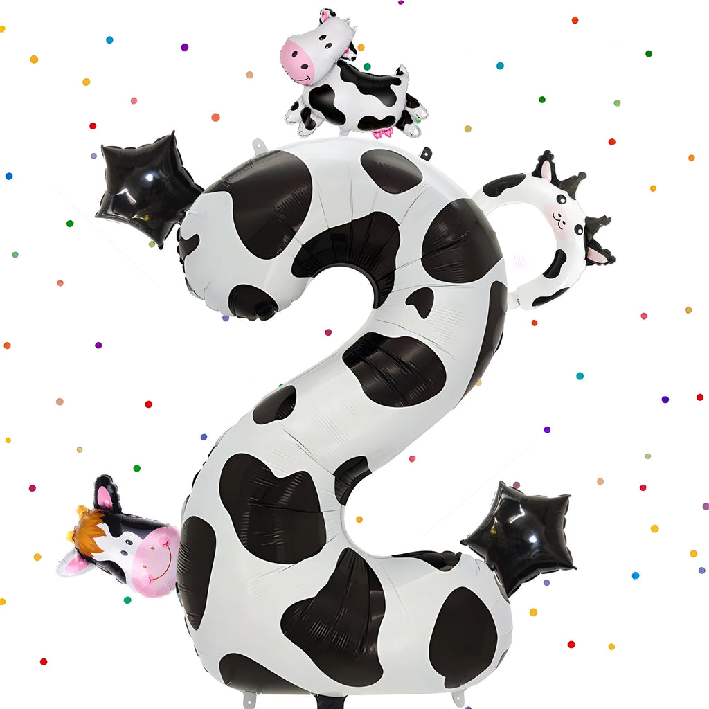 6pcs Cute Cow Print Foil Balloons Number 1-9 Cow Birthday Decorations for Cowgirl Barnyard Farm Animal Theme Party Supplies