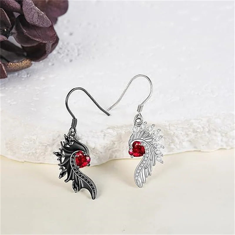 Punk Angel And Demon Wing Asymmetric Personality Earrings For Women Black White Simple Valentine's Day Gift Necklace Set