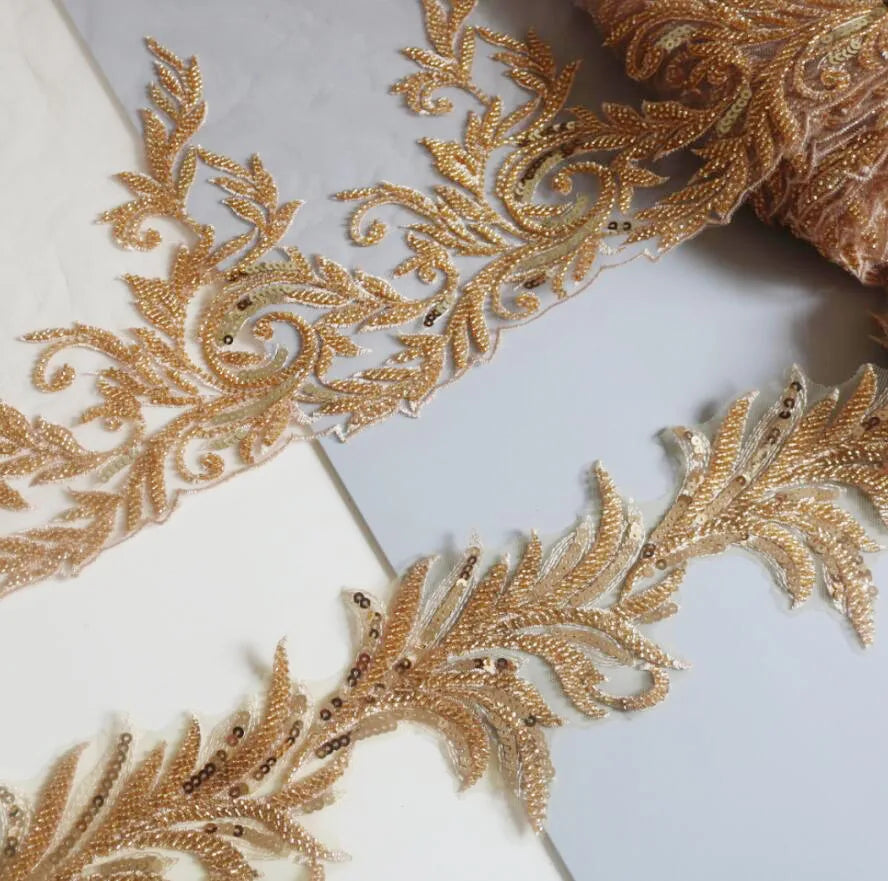2Yards Beaded Embroidery Gold Lace Wedding Dress Veil Children's Clothing Headwear Trims 13cm~25cm