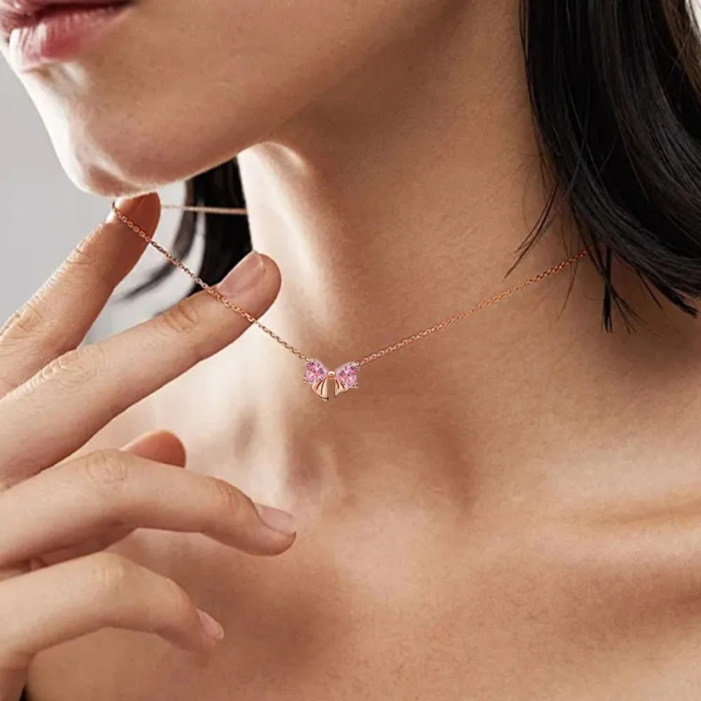 Luxury Original 925 Sterling Silver Necklace Bow Round CZ Red Heart Pendant Necklace Charm Women Classic DIY Gift Making