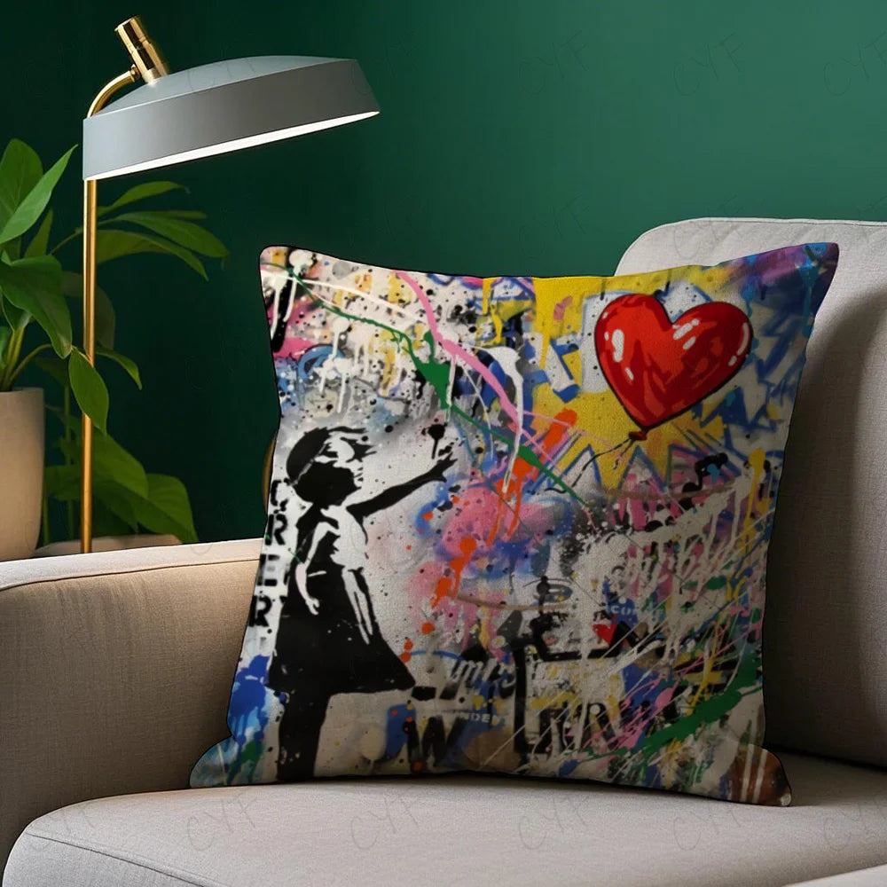 Banksy Street Graffiti Art Pillow Case Anti-dustmite Pillowcase Invisible zipper silky short plush Sofa cushion cover