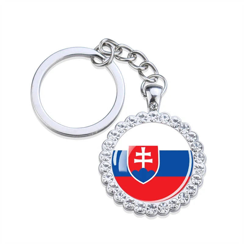 Europe National Flag Keychains Glass Dome Rhinestone Pendant Key Chains Albania Spain Ukraine Russia France Germany Flag Keyring