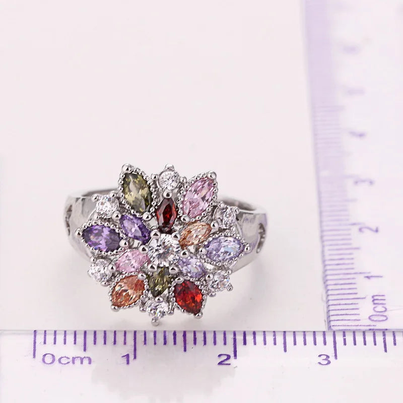 Ring Fashion 925 Sterling Silver Color Jewelry Colourful Cubic Zirconia Flower Design Cute Style Women Girls Party Engagement
