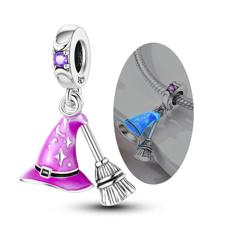 Original 925 Sterling Silver Halloween Charms Beads Pendant Pumpkin Witch Doll Skull Candy Charm Fit Bracelet DIY Jewelry Gift