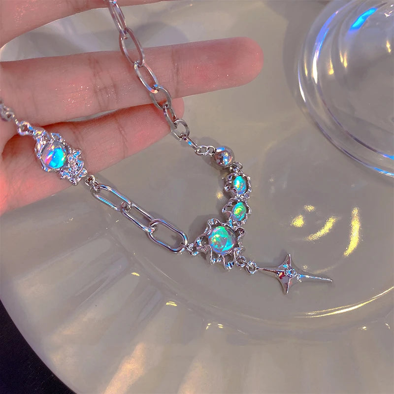 JWER Trendy Bling Moonstone Star Cross Pendant Necklace for Women Punk Hip Hop Star Chain CrystalNecklace Party Y2K Jewelry Gift