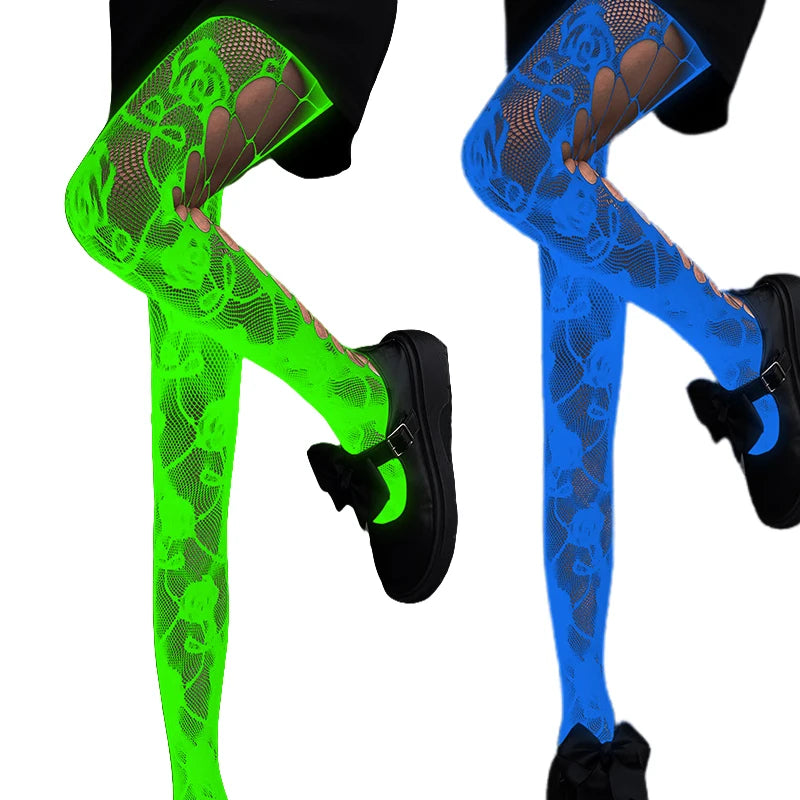 Women Glow in The Dark Fishnet Tight Rose Pattern Fishnet Tights Luminous Fishnet Halloween Party Festive Dress Up