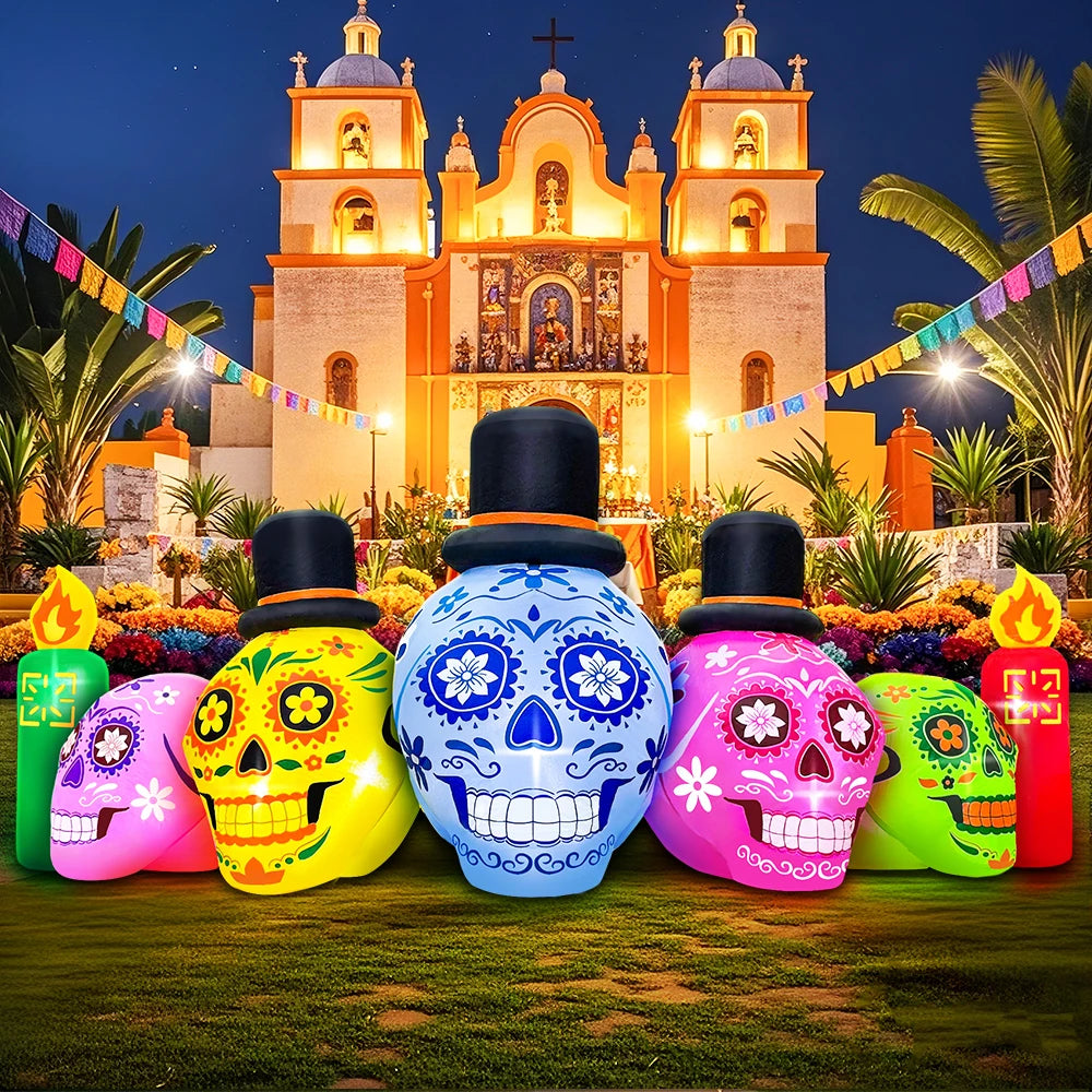 KOOY 7 FT Halloween Inflatable Decoration Five Colorful Skulls Outdoor Holiday Decor,LED Lights Blow Up Halloween Decoration