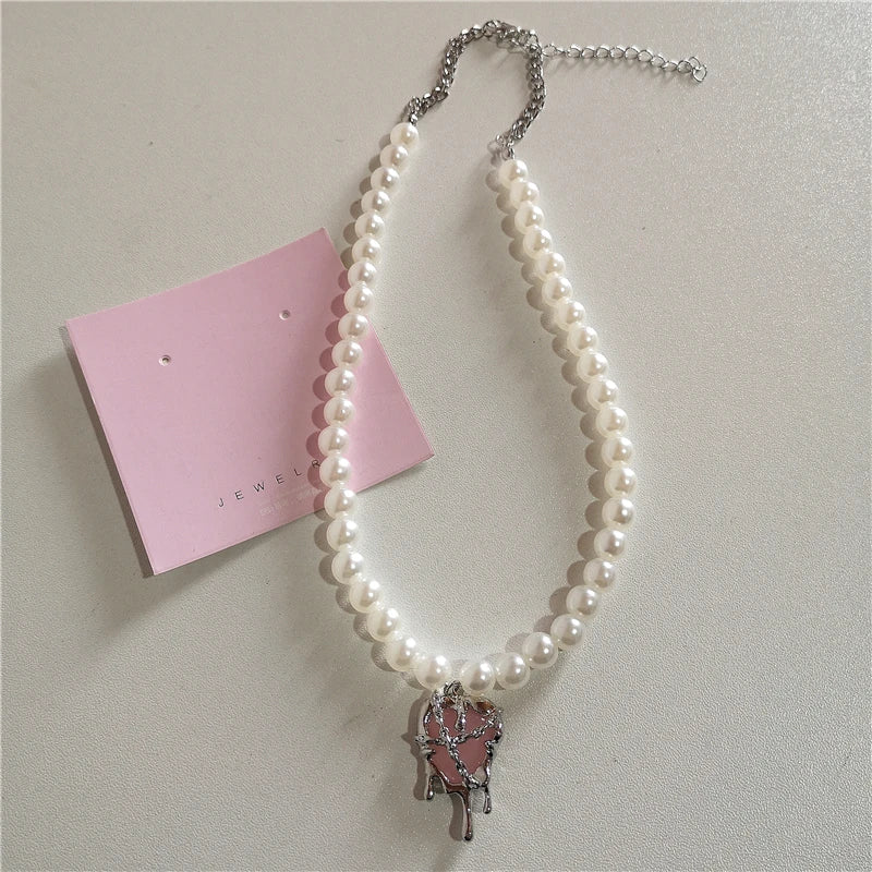 Kpop Goth Y2K Cute Pink Ribbon Bowknot Heart Pendant Pearl Beads Choker Necklace Girl Charm EMO 2000s Lolita Jewelry Accessories