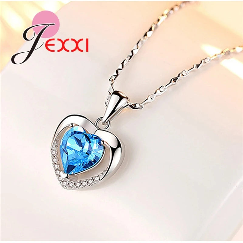 925 Sterling Silver Bridal Jewelry Heart Shape Pendant Necklace Chain Clear Crystal   For Wedding Party Birthday Gifts