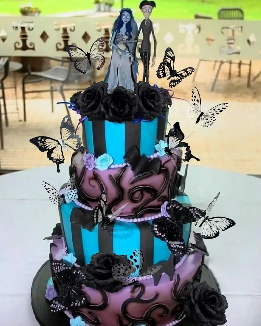 23pcs Goth Birthday Decorations Black Roses Topper Black Shiny Butterfly Death Cake Decoration for Halloween Birthday Supplies