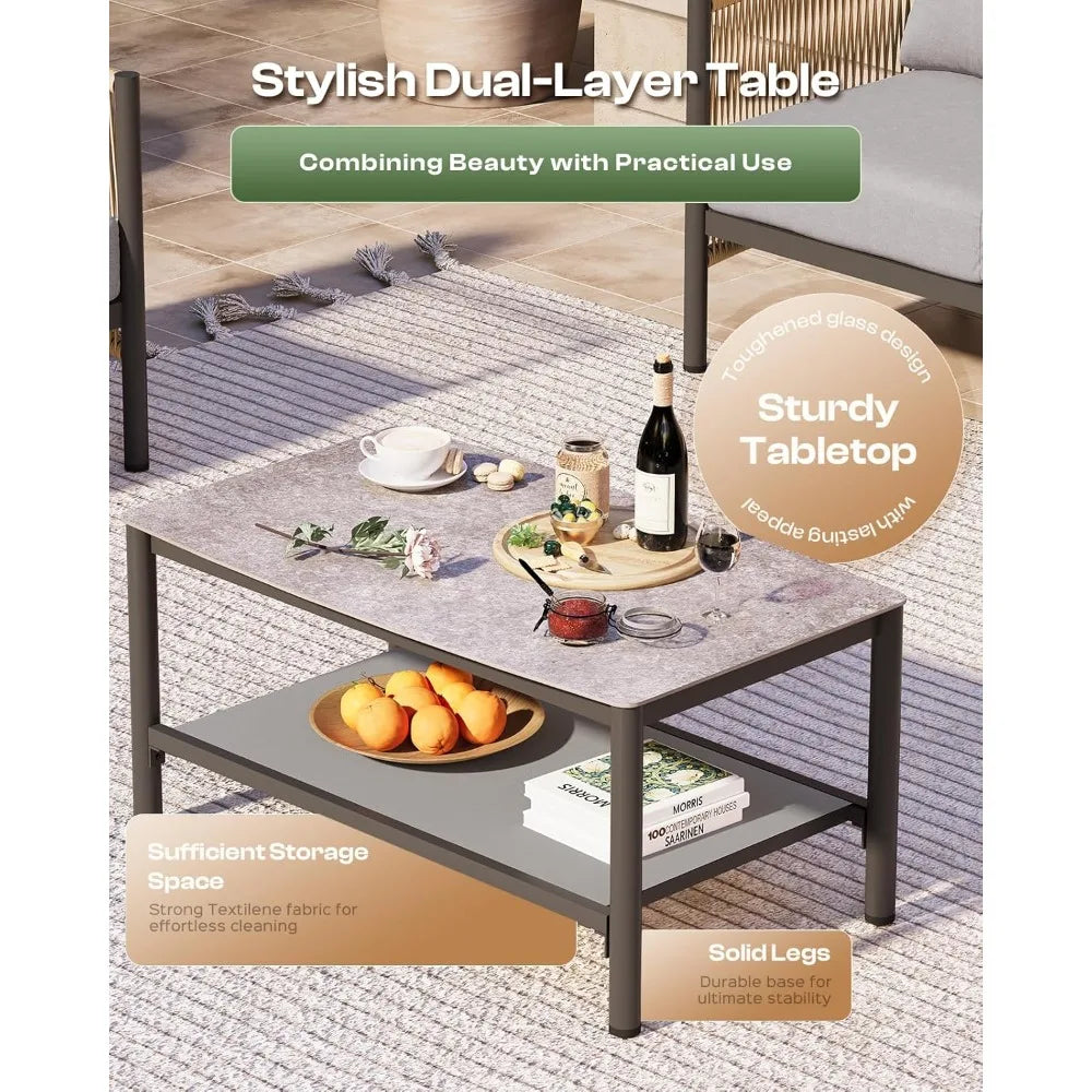 Aluminum Outdoor Patio Furniture Set, HDPE Rope 4 Piece Modern Sectional Conversation Sets with Dual-Layer Coffee Table