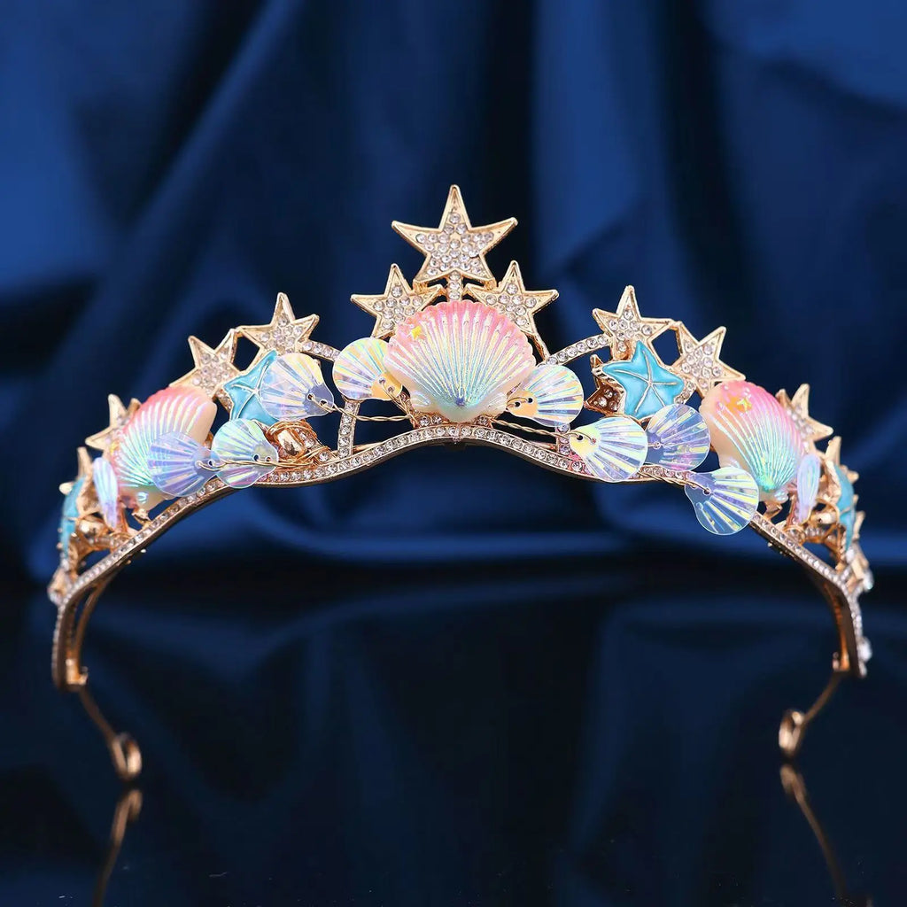 Ocean Style Mermaid Crown Halloween Costume with Seashell & Starfish Hair Accessories Women Girls Birthday Party Tiaras