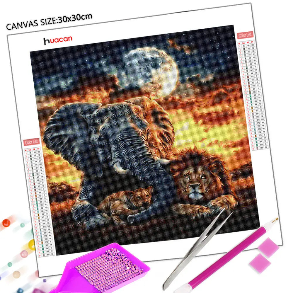 Huacan Diamond Painting Elephant Lion Diy Full Mosaic Art Rhinestone Embroidery Africa Wild Animal Picture Wall Decor