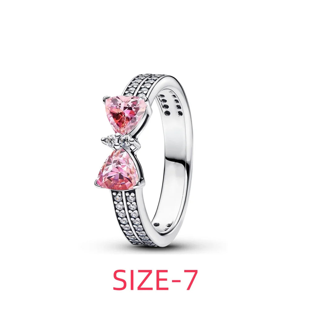 New 925 silver pink bow heart-shaped pendant ring necklace earrings crystal women's Valentine's Day birthday gift DIY jewelry