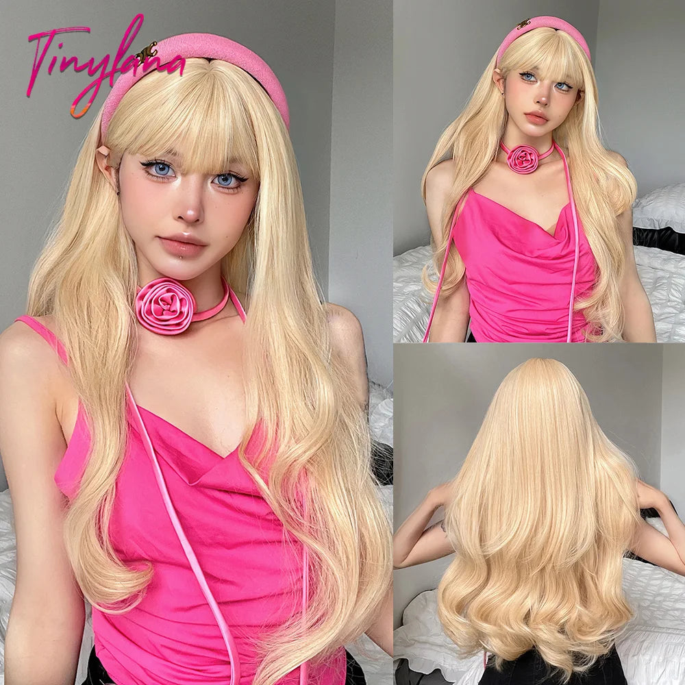 Long Straight Light Pink Synthetic Wigs with Bangs for Women Cosplay Halloween Lolita Pink Party Wig Natural Hair Heat Resistant