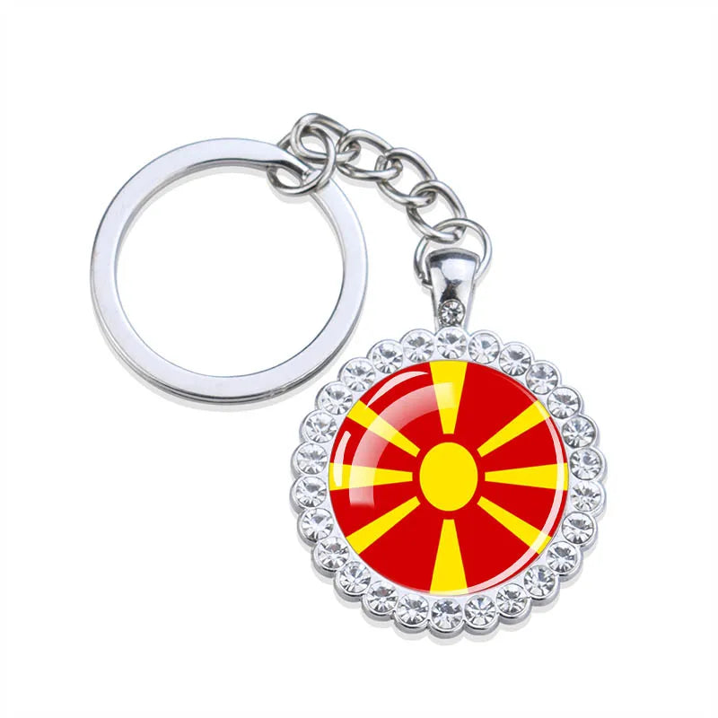 Europe National Flag Keychains Glass Dome Rhinestone Pendant Key Chains Albania Spain Ukraine Russia France Germany Flag Keyring