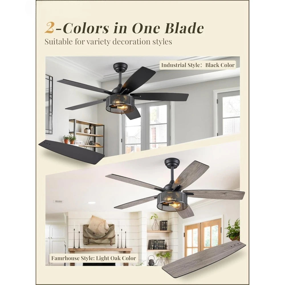 Farmhouse Ceiling Fans with Lights and Remote, 52 Inch Industrial Black Caged Ceiling Fans for Living Room Bedroom Kitchen, 6 Sp