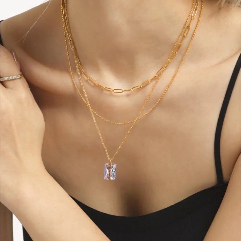 Chain Necklace In Stainless Steel With Large Square Zircon Pendant 18k Gold Plated Luxury Neck Chains Charm Necklaces For Women