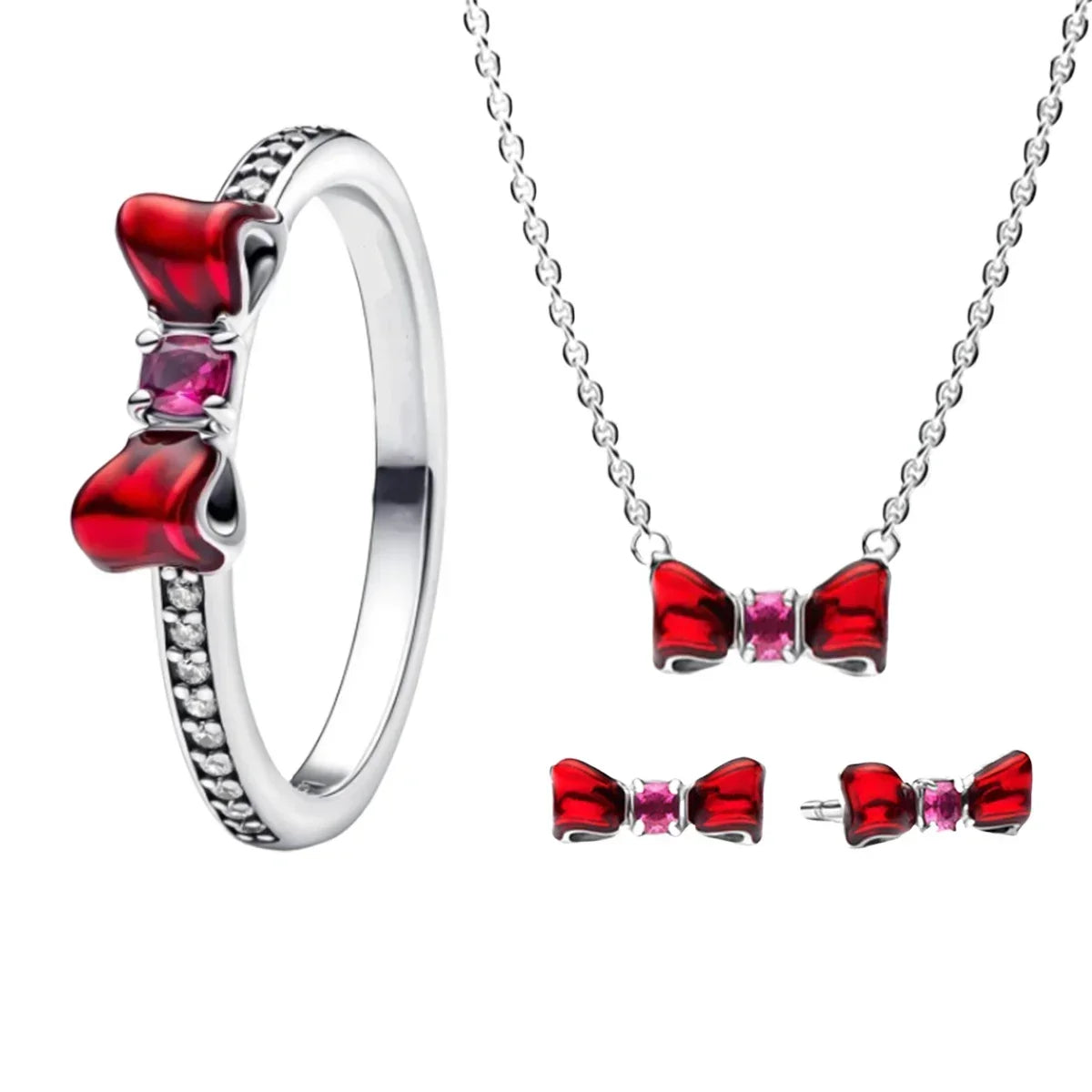 New 925 Silver Shining Ring Colorful Bow Tie Set Zircon Ring Earrings Bracelet Necklace Original For Women DIY Fine Jewelry Gift