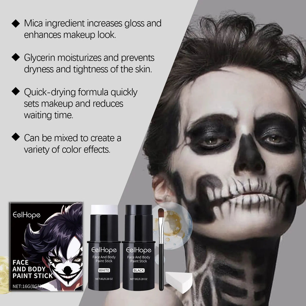 Black White Face Body Paint Kit Cover Foundation Clown Colorful Long Lasting Waterproof Halloween Festive Makeup Accessories Set