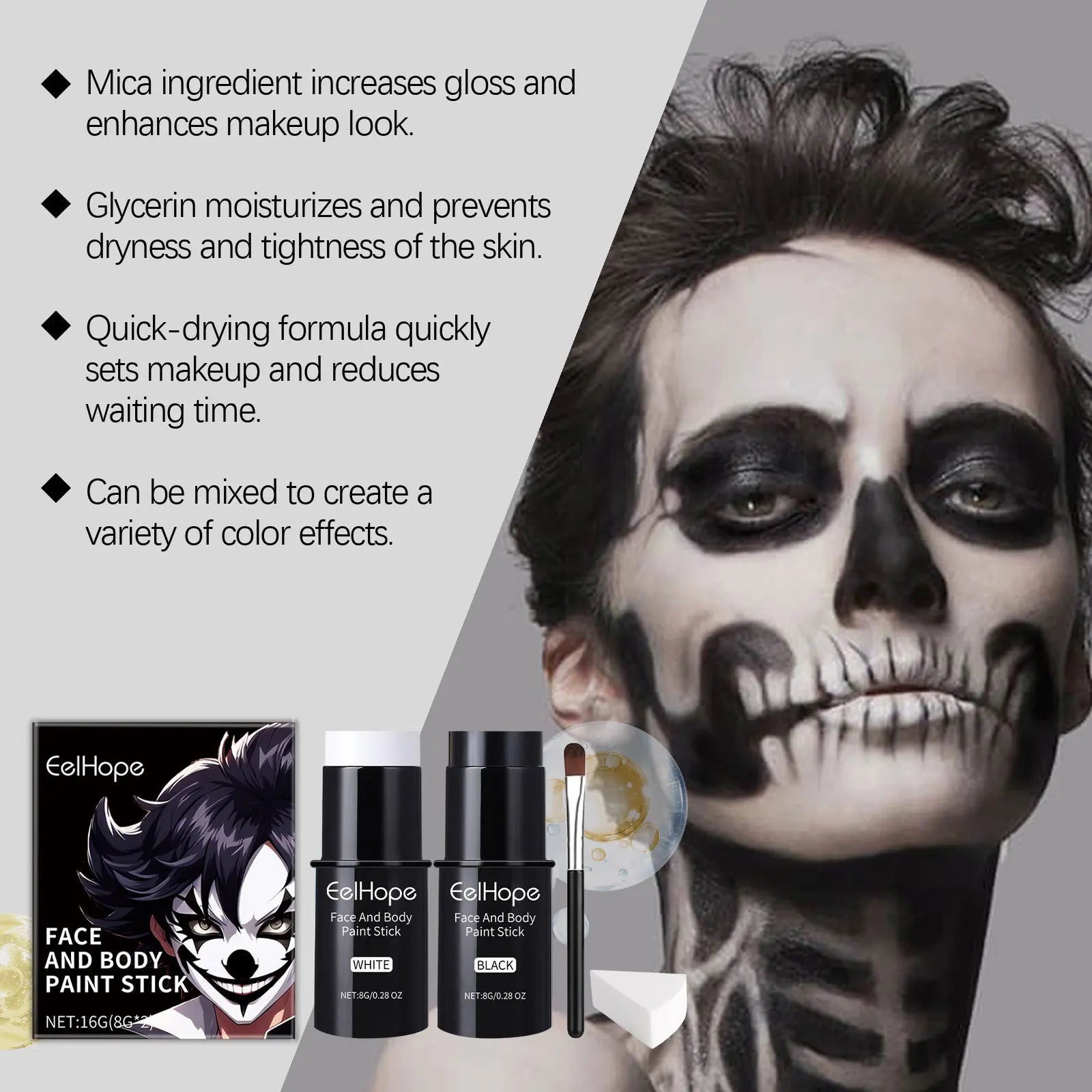 Black White Face Body Paint Kit Cover Foundation Clown Colorful Long Lasting Waterproof Halloween Festive Makeup Accessories Set