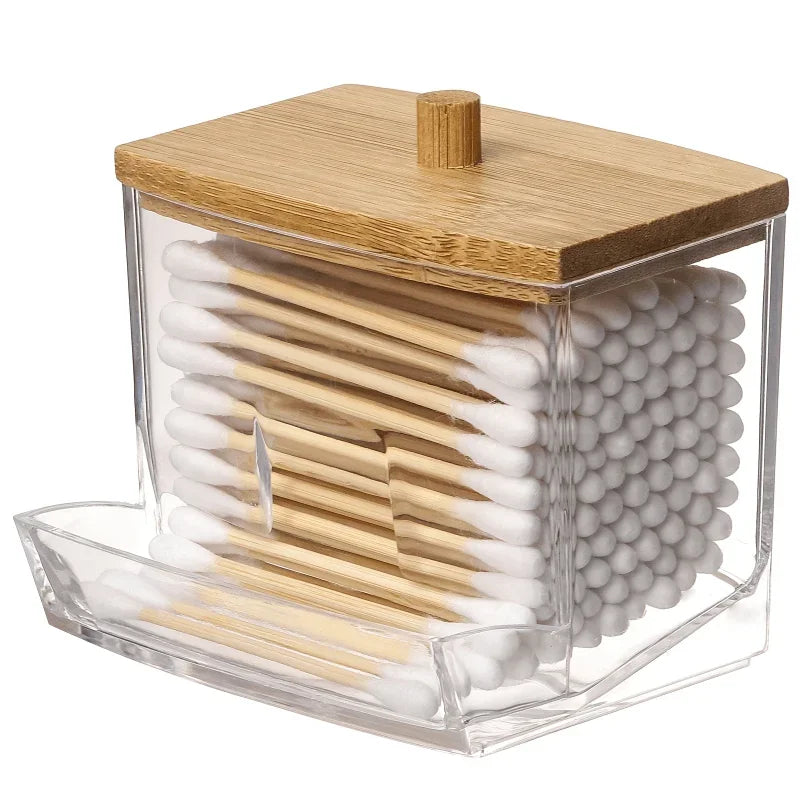 Dustproof Storage Jar for Sticks Powder, Beauty Eggs, and Swabs Transparent Acrylic Wooden Lid Stick Holder for Desktop Bathroom