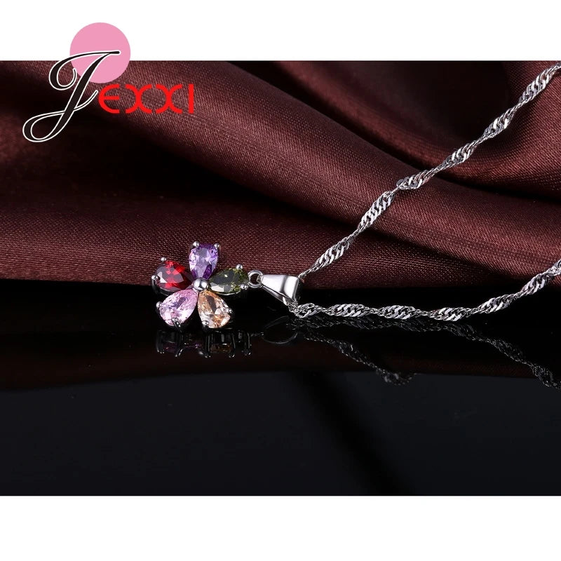 Shinning Flower Colorful CZ Crystal Pendant Jewelry Sets 925 Sterling Silver Pendant Necklace + Dangle/Hoop Earring Sets