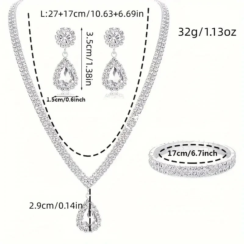 4 Pieces Luxurious Jewelry Set Exquisite Rhinestone Pendant Elegant Women's Crystal Silver Plated Necklace Earrings Bracelet Set