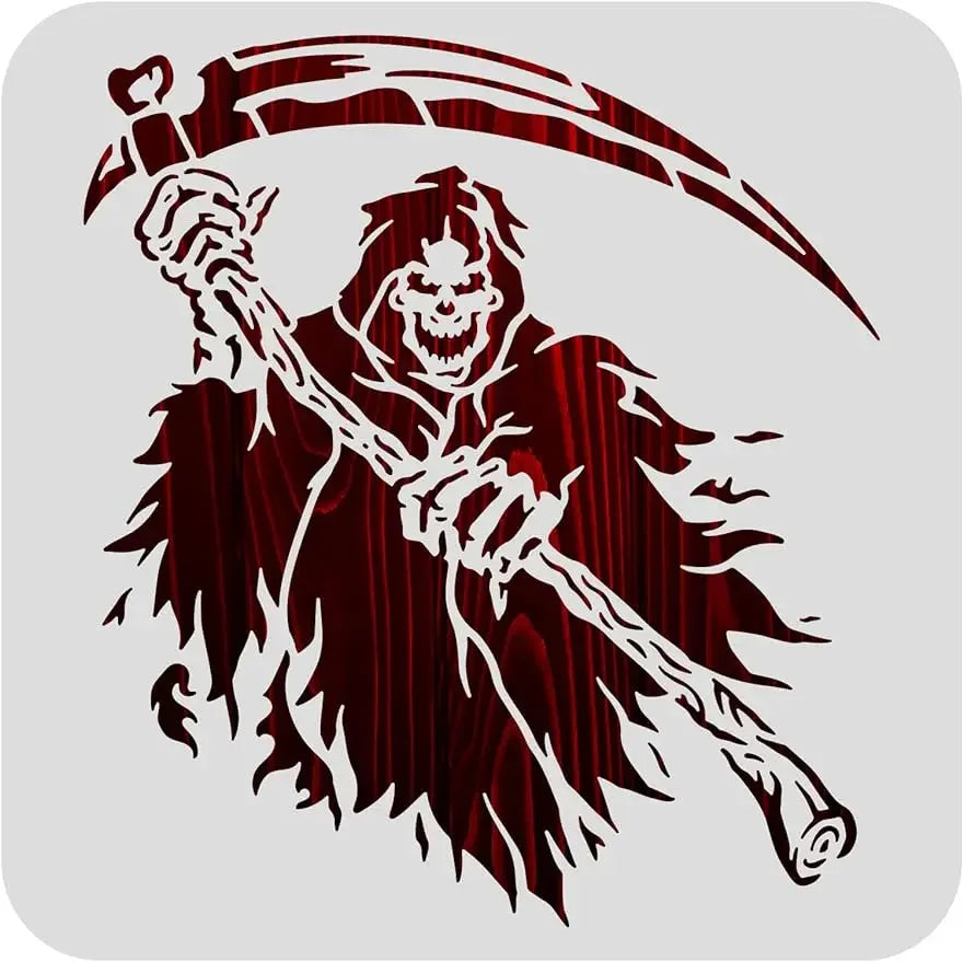 12x12inch Halloween Decoration Stencils, Grim Reaper Skeleton Scythe Pattern Cutout Template for Art Spraying, DIY Mould Decor