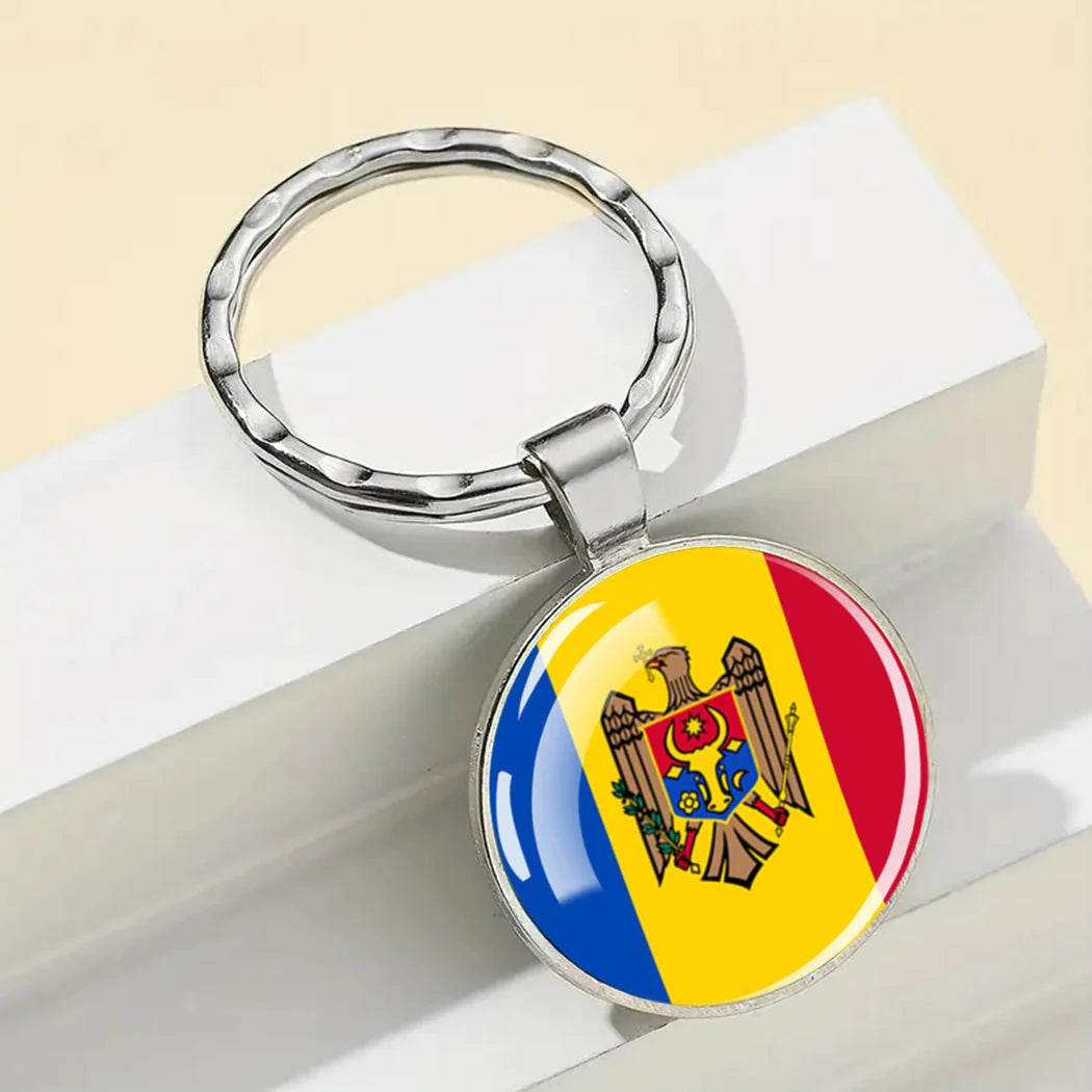 Europe National Flag Keychain Albania Spain Italy France UK Flag Glass Metal Key Chain Bag Pendant Gift for Patriot