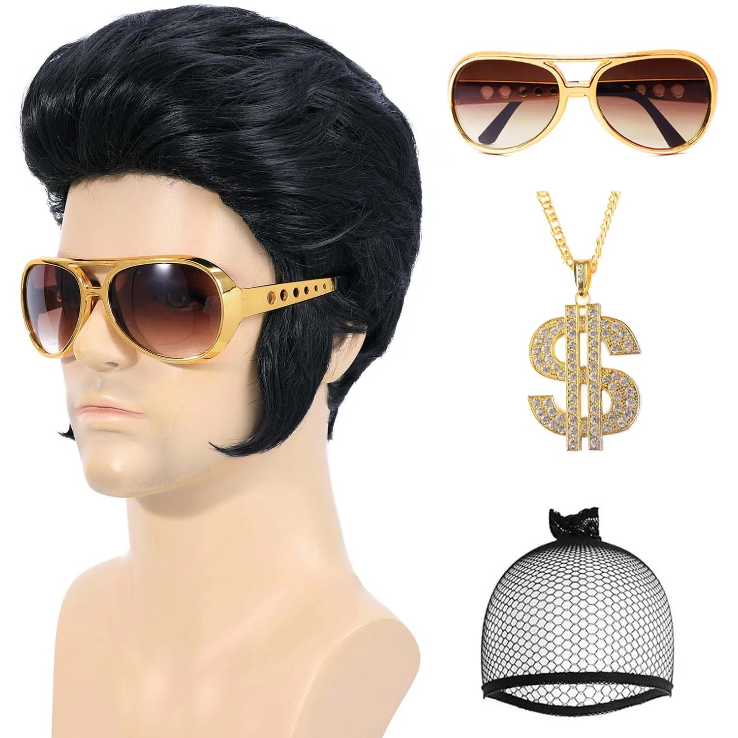 Synthetic 50s 60s Rock Legend Wig for Men Elvis Wig 1950s Singer Rocker Costume Wig with Accessories for Cosplay Halloween Party