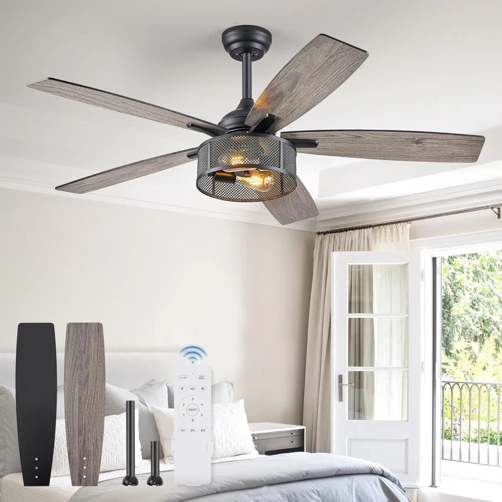 Farmhouse Ceiling Fans with Lights and Remote, 52 Inch Industrial Black Caged Ceiling Fans for Living Room Bedroom Kitchen, 6 Sp
