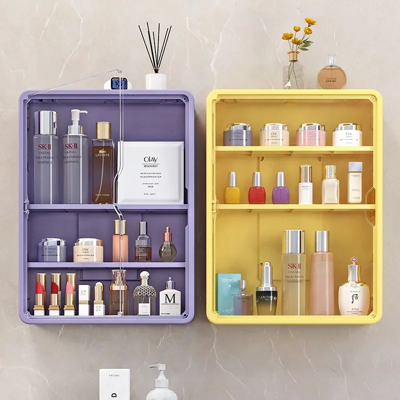 Multi-Layer No Drill Bathroom Organizer Transparent Cosmetic Display Cabinet with Removable Shelves