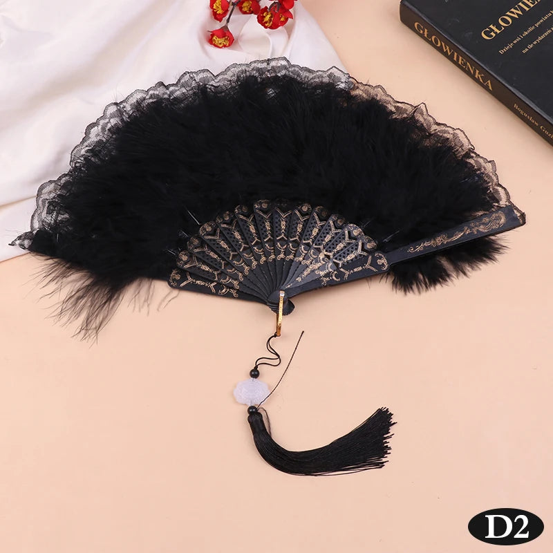 Gothic Court Dance Hand Fan Lolita Feather Folding Fan Japanese Sweet Fairy Girl Dark Art Craft Gift Wedding Party Decoration