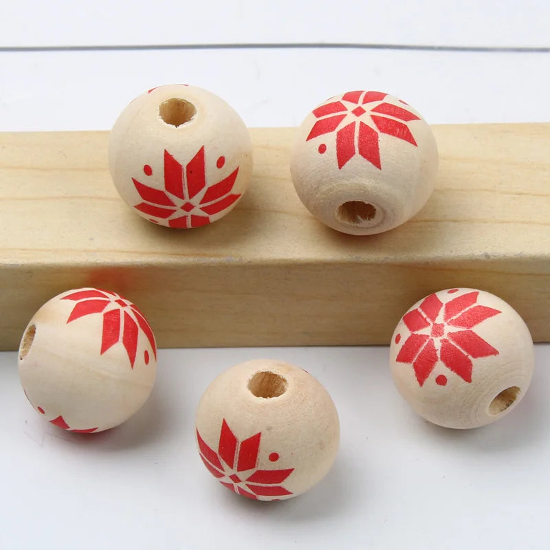 Round Balls Red Green Wooden Beads 15mm Cartoon Tree Letter Pattern Halloween Christmas Beads For Jewelry Making DIY Accessories