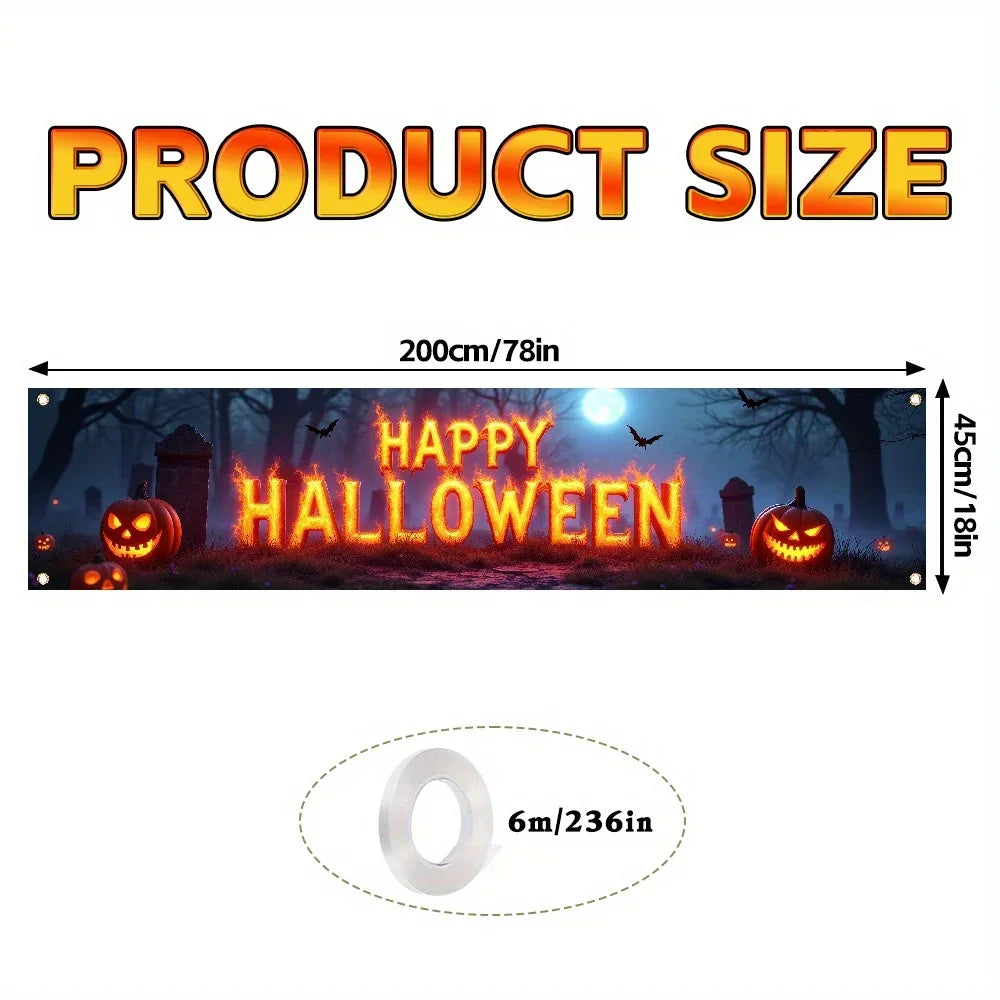 One Halloween-themed banner, featuring a creepy cemetery, bat and pumpkin lantern design