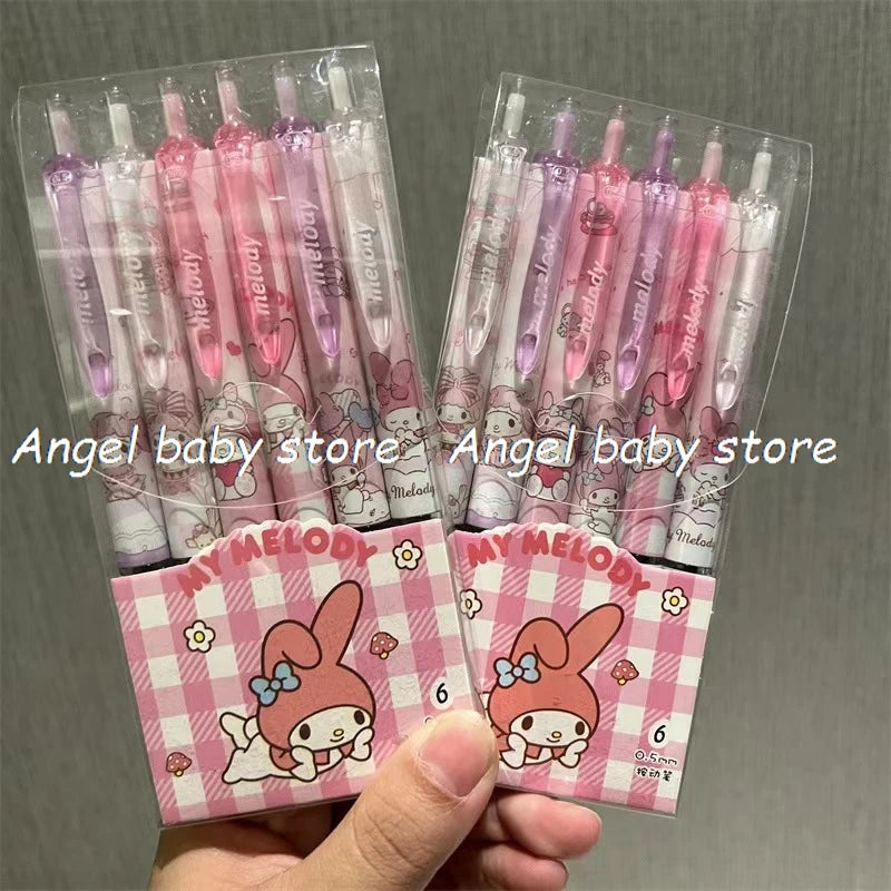 Sanrio Hello Kitty 6pcs Series Gel Pen 0.55mm Refill Y2k Cinnamoroll Kuromi MelodyCartoon Press Pen Black Stationery Supplies