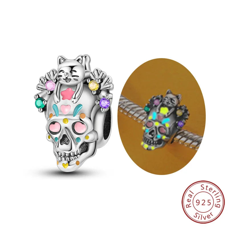 Original 925 Sterling Silver Halloween Charms Beads Pendant Pumpkin Witch Doll Skull Candy Charm Fit Bracelet DIY Jewelry Gift