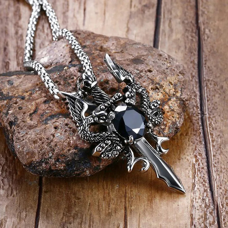 Double Dragon Red Stone Sword Cross Pendant Necklace For Men INS Vintage Stainless Steel Neck Chain Cool Hip Hop Jewelry Gifts