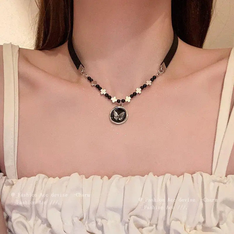 Gothic Cute Y2K Stainless Steel Bow Heart Pink Cross Pendant Beaded Pearl Snake Chain Necklace For Egirl 2000s EMO Acssesories