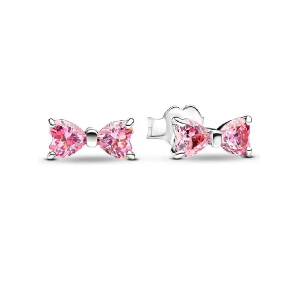 Original 925 Sterling Silver Colorful Bow Set Necklace Ring Earring Crystal For Women Valentine's Birthday Gift DIY Jewellery